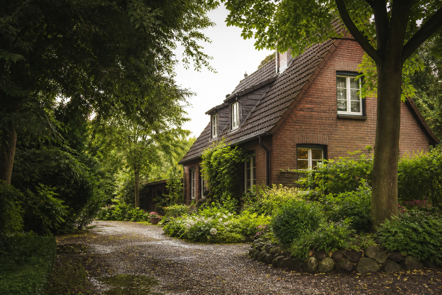 Generische KI-Illustration eines Wohnhauses mit Garten, ohne konkreten Ortsbezug